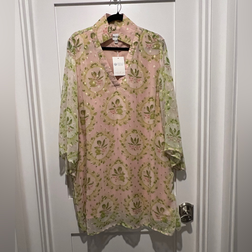 Holly Shae Cece Sheer Pink Flora Mini Caftan Dress With Green Motif